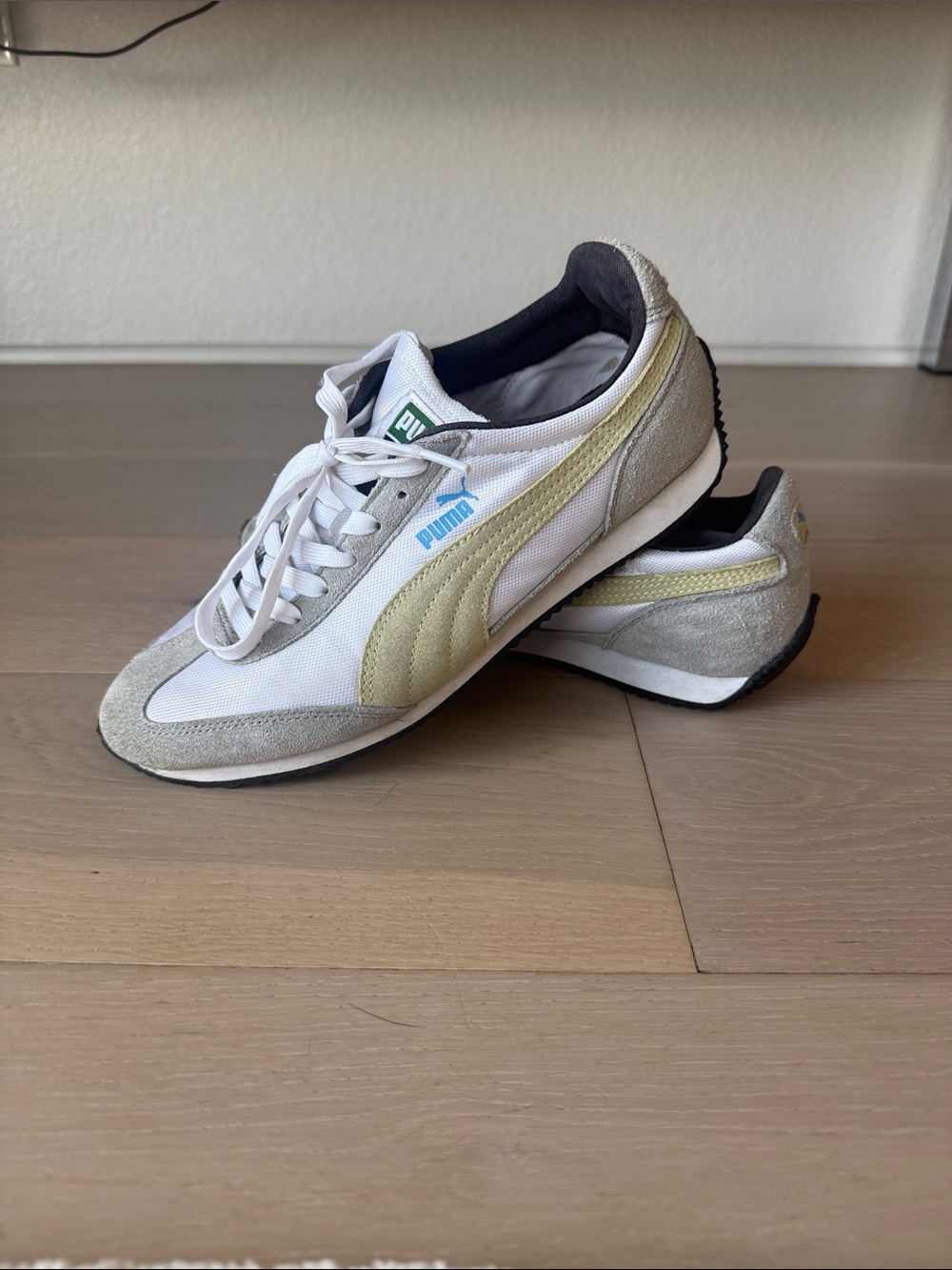 Puma women’s White, Gray & Light Yellow Suede Tennis Shoes